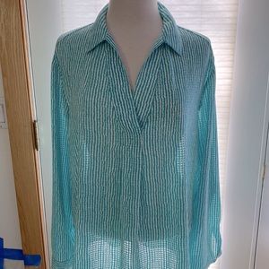 Turquoise and white subtle stripe loose fitting blouse.